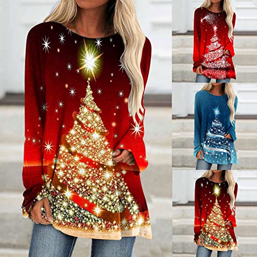 Bilqis Women's Christmas Long Shirts Merry Xmas Trees Graphic Tees Crewneck Sweatshirts Oversized Retro Tops Holiday Outfits #TOP4
