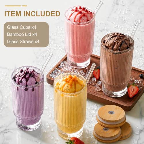 Image of Ribbed Highball Glass Tumbler Set of 2 with Bamboo Lid & Glass Straw, 300ml Drinking Glasses for Iced Coffee, Juice, Smoothies, Cocktails, Beer, Water, Reusable Clear Glass Cups