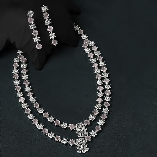 Image of ZENEME Rhodium-Plated American Diamond Studded Star Shaped Layered Necklace With Earrings Jewellery Set For Girls and Women