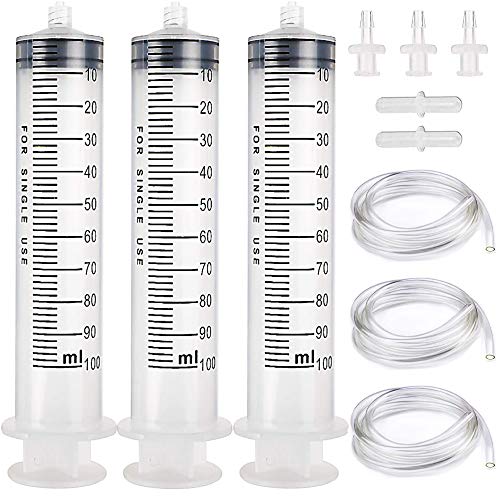 3 Pack 100ml cc Large Plastic Syringe with 3Pcs 3.2ft Handy Plastic Tubing and Luer Connections, Tubing Connnector for Scientific Labs, Measuring, Watering, Refilling, Filtration, Feeding