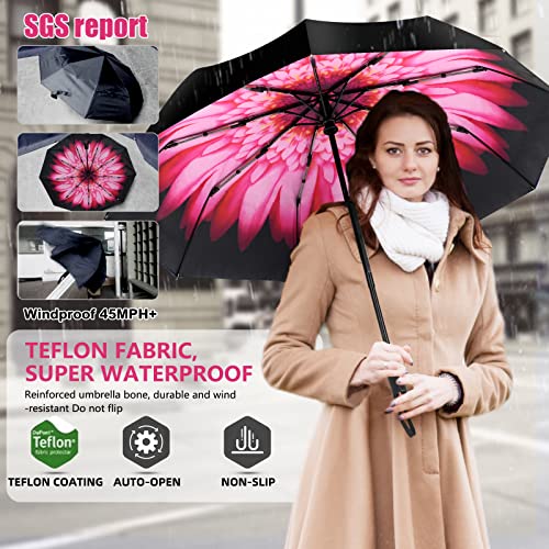 Trenovo Ultra Windproof Travel Umbrella - 2023 Pro-Series Automatic Compact Folding Umbrellas For Rain [Light, Portable, Durable, Superior], Updated Waterproof Tech & 9 Reinforced Ribs, Wind Resistant Double Canopy, Slip-Proof Handle, Small Umbrella For Backpack, Car, Purse (Shallow Flower) #TOP4
