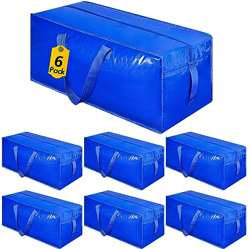 6-Pack Extra Large Moving Bags, Heavy Duty Storage Bags w/Strong Handle & Zippers, Storage Tote for Space Saving, Alternative to Moving Boxes, Bags for Clothing Dorm Travel Packing Supplies (Blue)