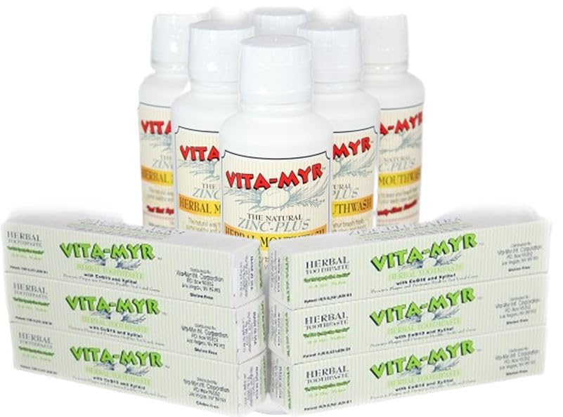 6 Bottles 16 Oz Vitamyr Mouthwash 6 Tubes 5 4 Oz Vitamyr Zinc-Plus Xtra Herbal Natural Toothpaste