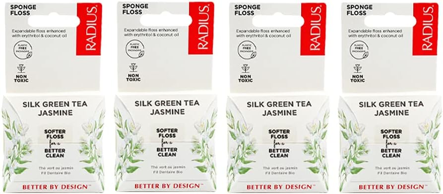 RADIUS Green Tea Jasmine Silk Dental Floss 33 Yards Plastic-Free Packaging Oral Care Boost Total Tooth Gum Protection Clear - Pack of 4