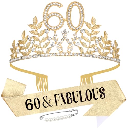 Chanaco 60th Birthday Decoration for Women 60 & Fabulous Birthday Sash and Crown Gold Crystal Tiara Glitter Queen Sash Gift Set Rhinestone Hair Accessories for Party Favors