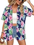 Women Hawaiian Shirt Button Down Summer Tops Beach Cool Short Sleeve V Neck Blouse(Pink Blue Floral,L)