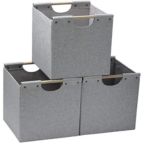 HOONEX Collapsible Storage Bins, 13x13x13in Storage Cubes Linen Fabric, 3 Pack, Storage Baskets with Wooden Carry Handles and Sturdy Heavy Cardboard, for Home, Office, Car, Nursery, Light Grey