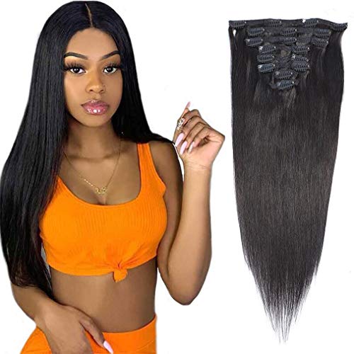 Straight Clip in Human Hair Extensions Brazilian Virgin Hair Clip Ins For Black Women Natural Black Color Double Weft 100% Human Hair Pcs/Set 130 Gram 16 Inch…