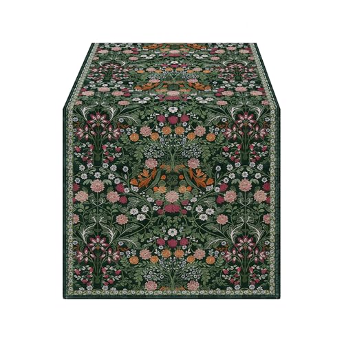 OYIMUA Soft Thick Waterproof Chenille Spring Table Runner 72 Inches Long Dark Green Floral Summer Rustic Runner for Table Dining Room Decorations Indoor Outdoor