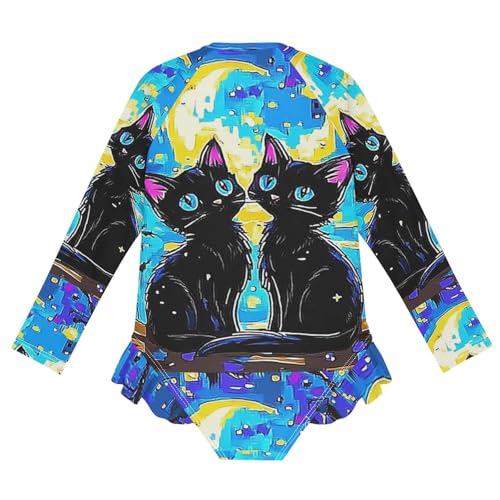 CaTaKu Girls One Piece Swimsuit Black Cat Starry Night Toddler Bathing Suit Long Sleeve UPF 50+ Rash Guard Swimwear 3-12Y2