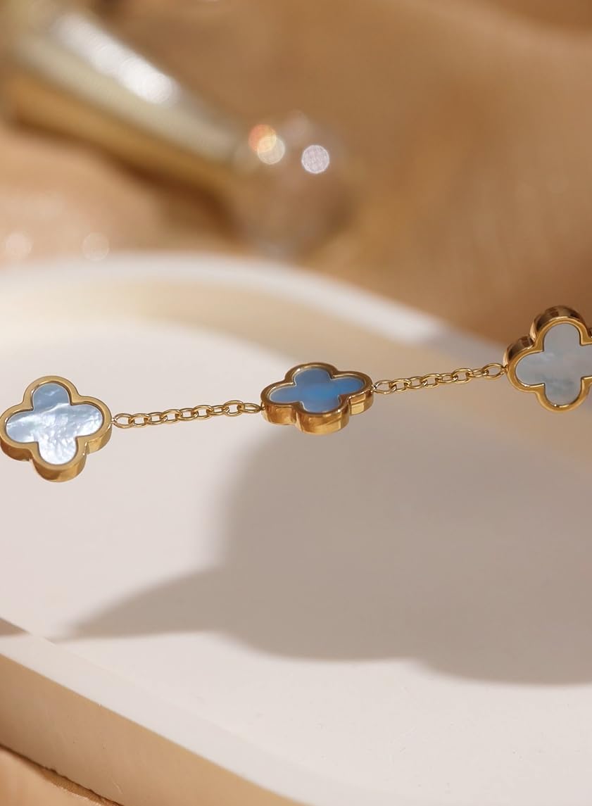 Genuine Mother of Pearl Four Leaf Clover Bracelet, 18K Gold Plated Dainty Jewelry, Lucky Charm Gift for Women (Pearl White/Ocean Blue/Sweet Lilac) - Image 5