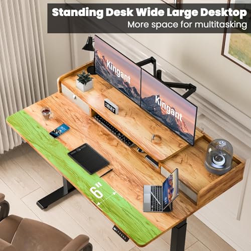 Kingant 48 x 30 Inch Electric Standing Desk with Dual Drawers, Adjustable Height Computer Desk for Home Office, Large Workstation Sit Stand Up Desk with Built-in Storage Shelf, Light Rustic Brown — view 3