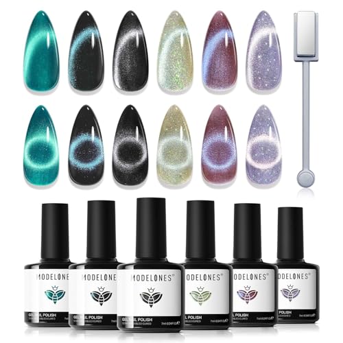 Modelones Esmaltes Semipermanentes para Uñas en Gel,6 Colores Kit Pintauñas Semipermanentes Uñas de Gel, Cat Eye Verde Violeta Negro