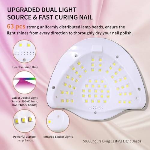 MIRAGE LAYON Lâmpada Uv para Unhas - com 63 Contas de Lâmpada, 4 Configurações de Temporizador e Sen