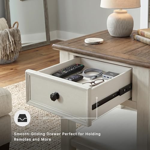 Image of Signature Design by Ashley Bolanburg End Table for Living Room, Two-Tone Distressed Wood Side Table with Smooth-Gliding Drawer, Farmhouse Plank-Style Top, Ideal Night Stand Use, Antique White /Oak