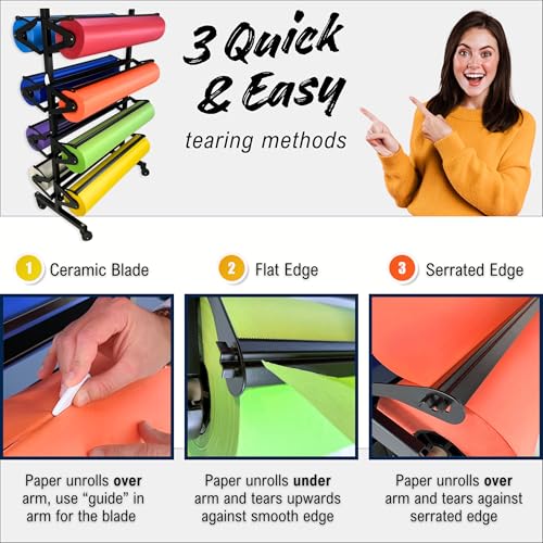 Paper Roll Holder, Dispenser Rack and Cutter - 8 Racks for Large, 36" Butcher, Craft, Gift Wrap & Art Kraft Rolls – Durable, Mobile Rolling Organizer with Ceramic Blade for Classroom, Studio & Retail