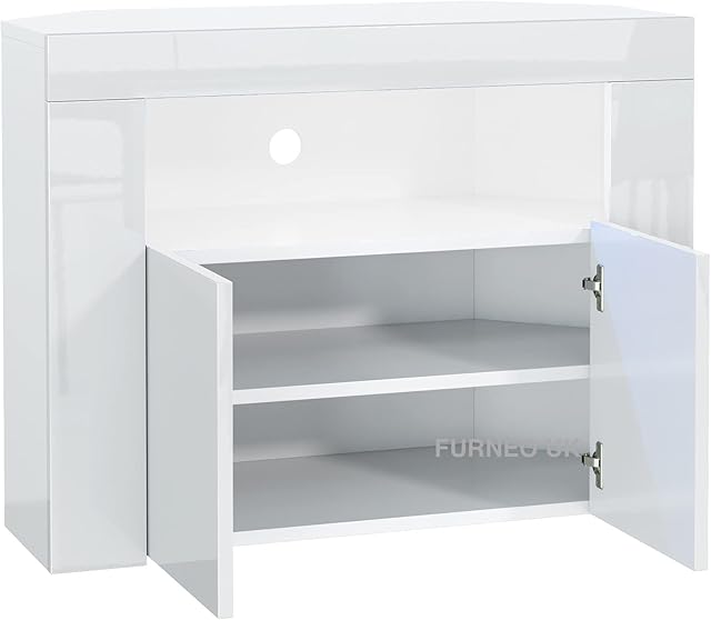 Furneo Corner TV Stand Unit Cabinet Matt & High Gloss Clifton07 White LED Lights