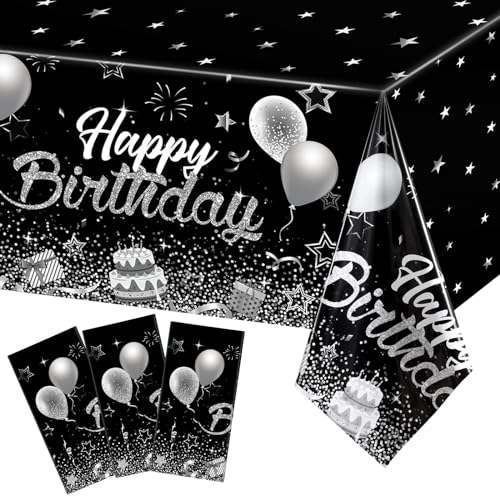 Breling 3 Pack Happy Birthday Tablecloths Happy Birthday Decoration Plastic Table Cover Rectangular Starry Confetti Table Cloths for Women Men Baby Shower Party Supplies 108 x 54 Inch (Black Silver)