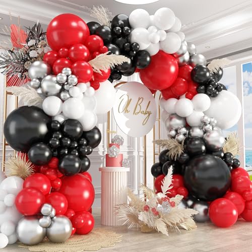 Image of 412Pcs Red Black and White Balloon Garland Arch Kit,18 12 10 5 Inch Different Size Red Black White Balloons for Shower Birthday New Year Graduation Wedding Racing Car Poker Party Decorations