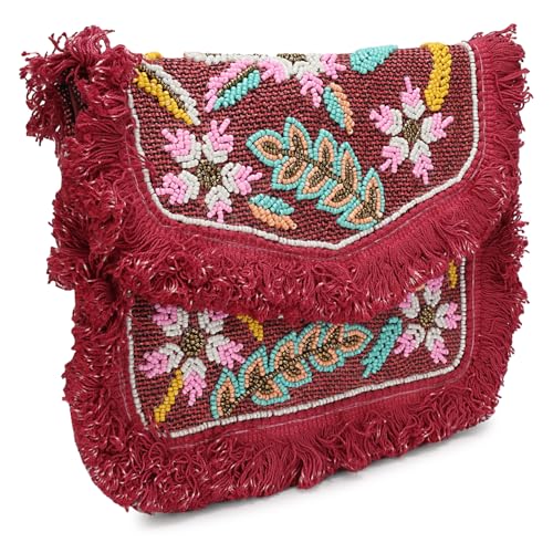 Image of LONGING TO BUY Beaded Foldover Clutch with Fringe Detail, Floral Embroidered Crossbody Bag, Handcrafted Woven Design (Light Maroon)