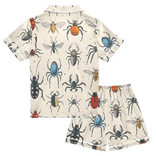 Satin Pajama Sets Short Sleeve Insects Pattern Print Cartoon Button Down Silky Nightwear 2 Piece PJS 5-14Y2