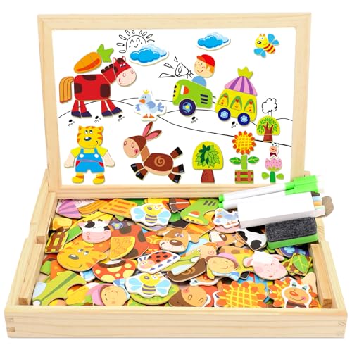 COOLJOY Puzzles en Bois Magnétique, 100+ Pièces Jigsaw avec Tableau Noir de Chevalet à Double Face Jouets Educatif, pour Enfants Fille 3 4 5 Ans, Jouets...