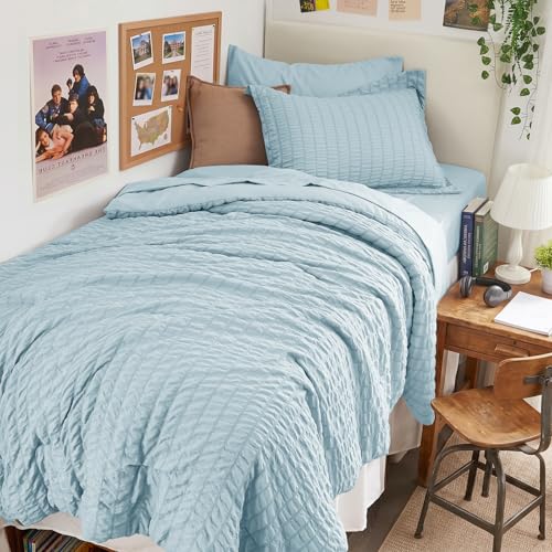 Image of HYMOKEGE Lake Blue Twin XL Comforter Set Seersucker 5 Pieces, All Season Luxury Bed in a Bag for Bedroom, Bedding Set with Comforters, Sheets, Pillowcase & Sham