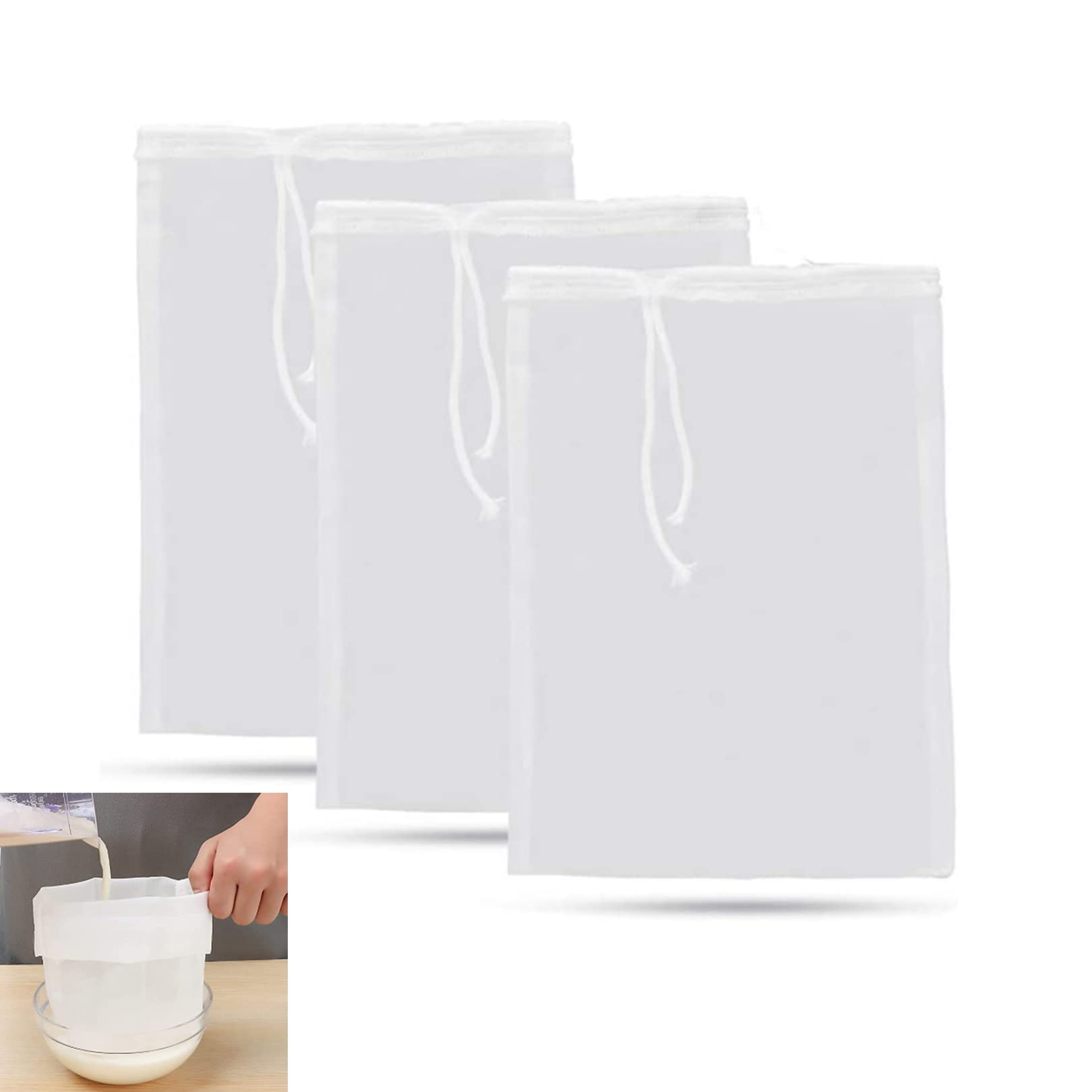 3pcs Brew Bag Filter,Fine Mesh Nylon Straining Bag,Washable Strainer Bags,Reusable Micron Fine Mesh Filter Bags with Rope for Nut Milk,Green Juice,Cold Brew,Home Brewing(200 Mesh,20x30cm)