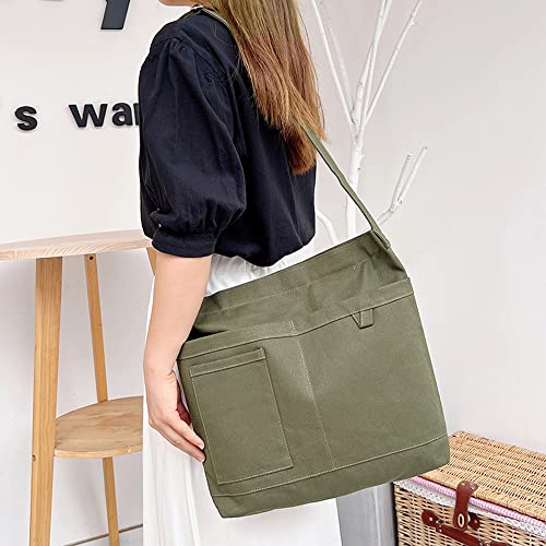 Image of Cotton Tote Handbag Women Canvas Crossbody Beach Bag Hobo Shoulder Tote Bag with 3 External Pocket,Zipper Closure