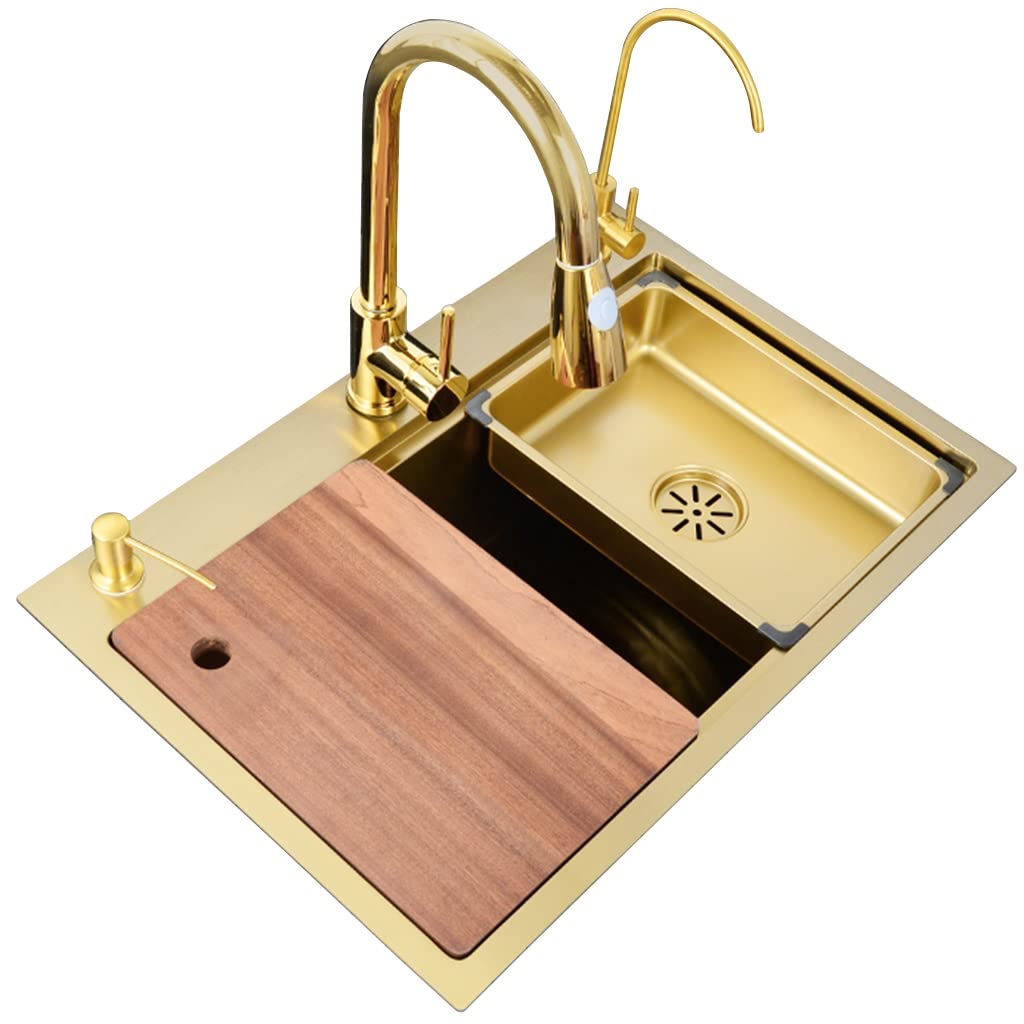 LMYSXAOZ Kitchen Sinks, Golden 304 Stainless Steel, Pull-out Faucet Single Sink, Drop-In Or Undermount Installation, Bar Prep Brushed Sink (Color : Gold, Size 68x46cm)