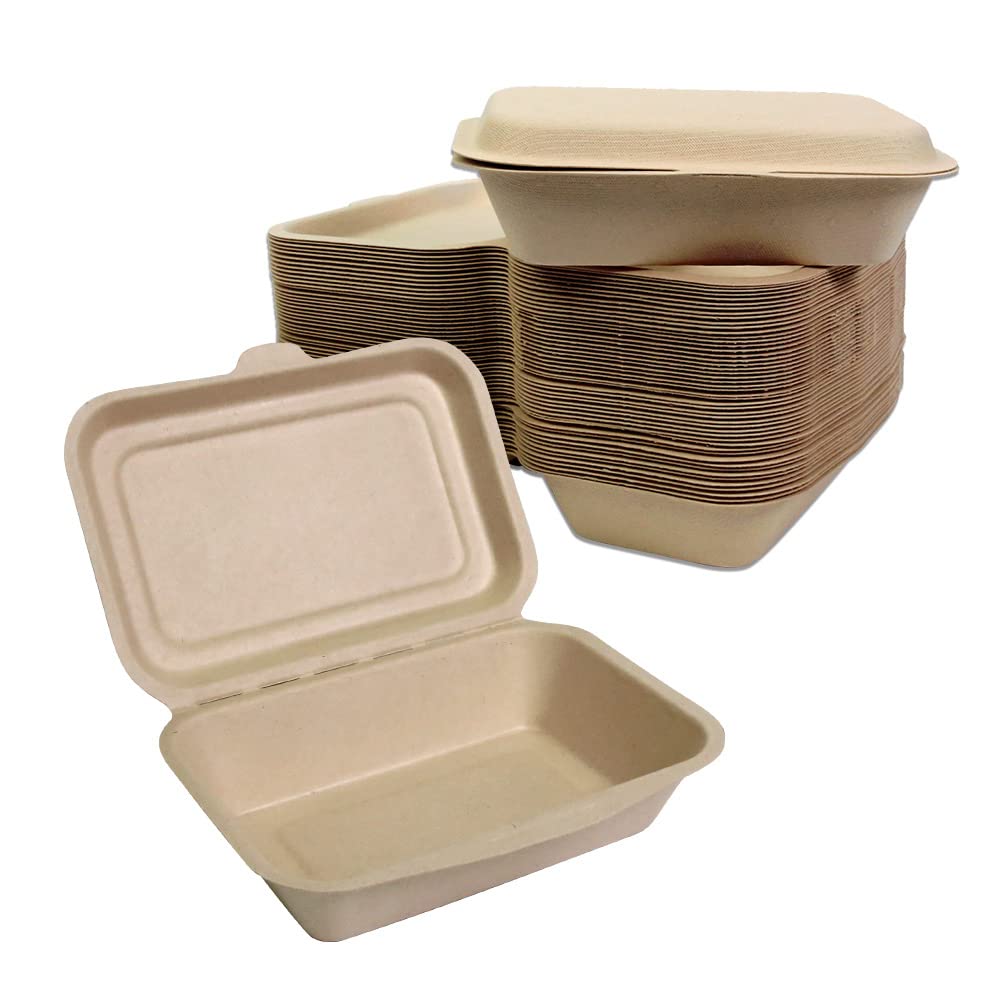 Clamshell Kraft To Go Containers - (50 Pack) 7" X 5" Food Take Out Bagasse Fiber Pulp Compostable Disposable Boxes With Lids For Sausage Salad Hot Dogs Steak Parties