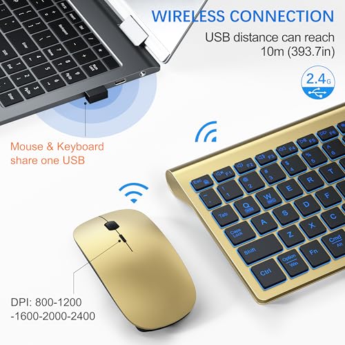 Image of Wireless Backlit Keyboard and Mouse Ultra Slim Combo, TopMate 2.4G Silent Compact 2400DPI Mouse and Scissor Switch Keyboard Set, Batteries Included, for PC /Laptop /Windows /Mac /Gaming - BL Gold Black