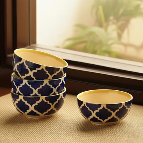 Image of ExclusiveLane 'Four Mediterranean Bowls' Ceramic Bowls for Serving Bowl Set (Set of 4, Microwave & Diswasher Safe, Each Bowl Capacity : 180 ml) |Bowl for Kitchen Snacks Serving Bowl Ceramic Snack Bowl