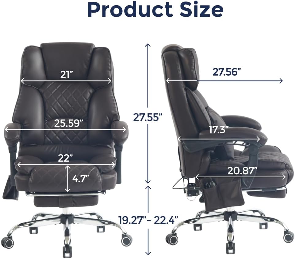 Ergonix 2-Point Kneading Heated Massage Office Chair with Foot Rest | 500lbs Big & Tall Ergonomic Desk Chair for Heavy People | Reclining Home Office Computer Chair | Leather Dark Brown