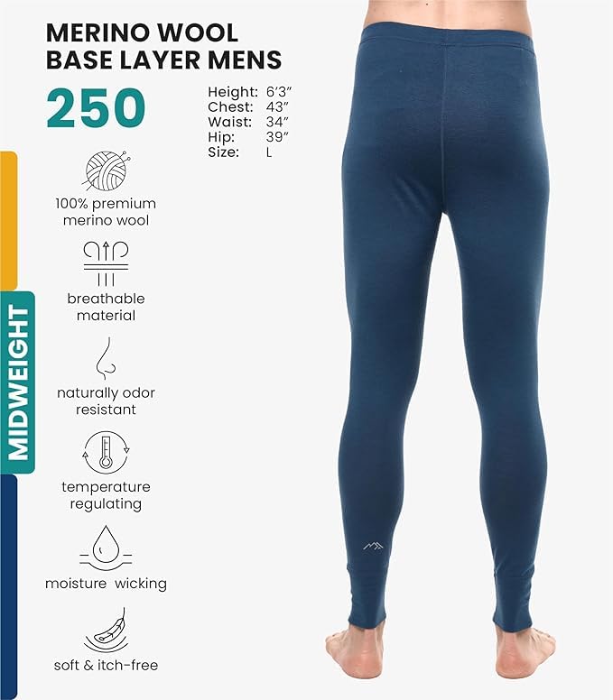 Image of Merino Wool Base Layer Mens Bottom Pants 100% Merino Wool Heavyweight, Midweight, Lite Thermal Underwear Long Johns and Socks