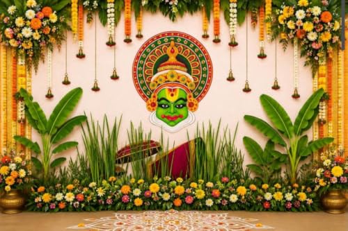 Image of Pooja Decoration Traditional Background Curtain Cloth for Festival | Traditional Kerala Kathakali Mask & Banana Leaf Backdrop Onam Backdrop Cloth 8x8 Feet