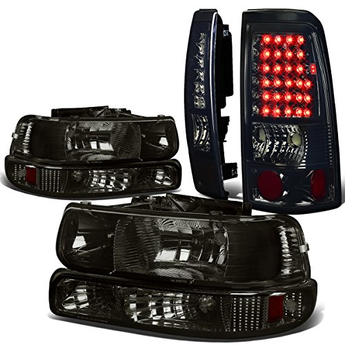 Auto Dynasty Compatible with Chevy Silverado GMT800 4pc Pair of Smoked Lens Amber Corner Headlight+Chrome LED Tail Light