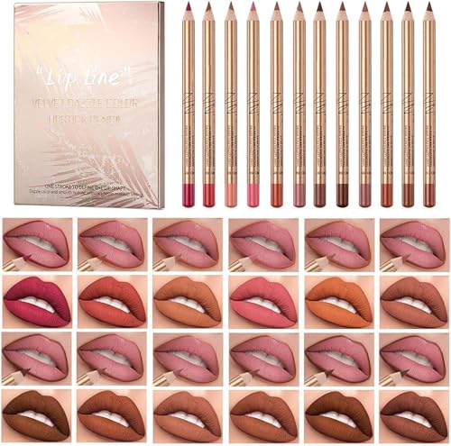 12 PCS Lip Liner Gloss Set, Lipstick Pencil Lip Liners Stain, Smooth Lips Stain for Women. Perfect for Everyday Wear