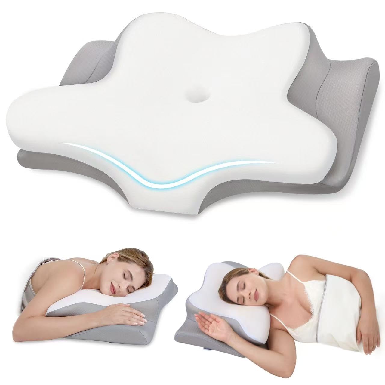 Cervical Neck Pillow Memory Foam Pillow for Pain Relief 2 Height Adjustable Ergonomic Pillow with Breathable Ice Silk
