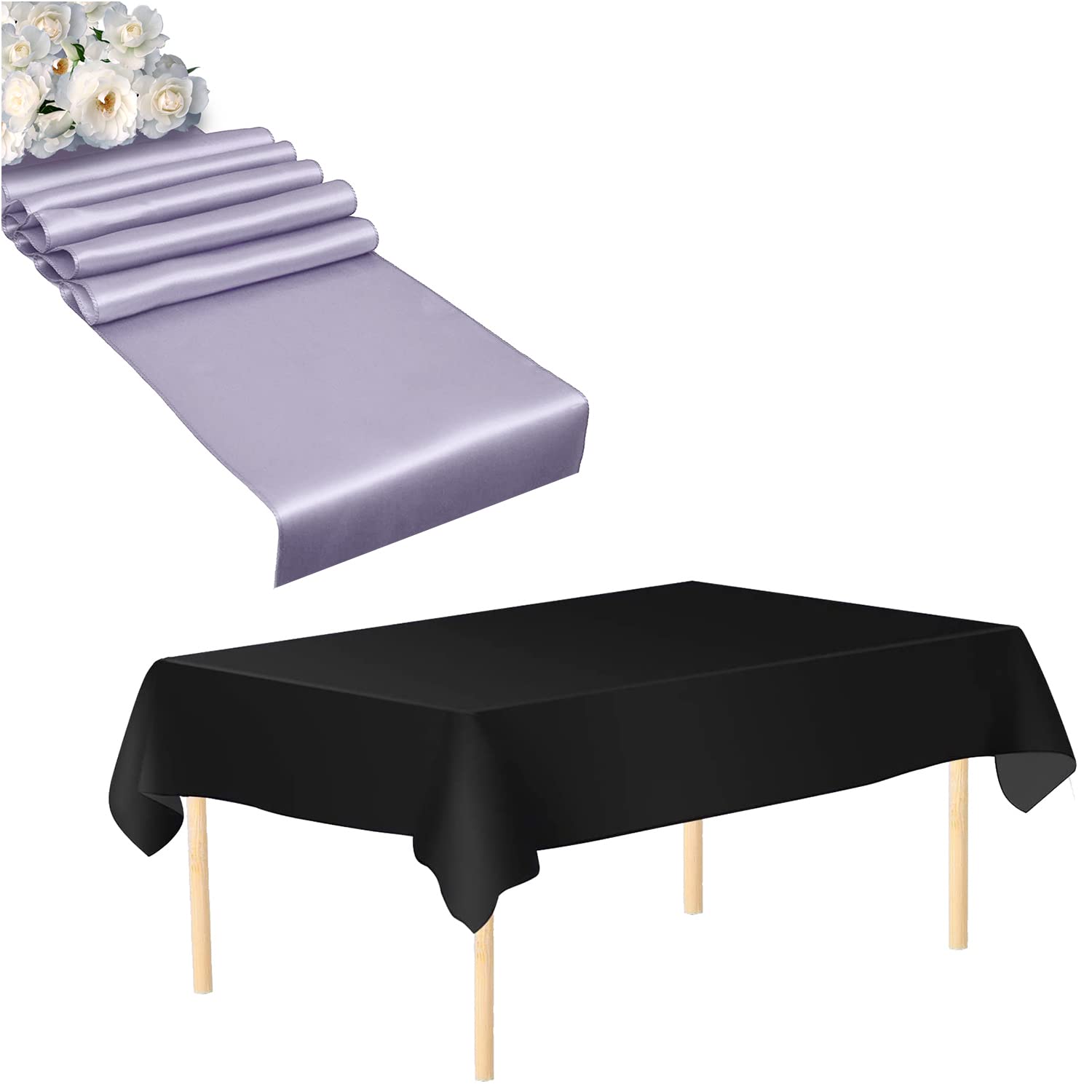 Trimming Shop Black Tablecloth & Lavender Satin Table Runner Set, 3pcs