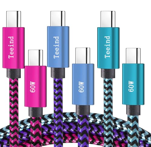 Teeind Type C Cable Fast Charging Tpc002 3 Pack(3Ft/0.9M 60W) C to Type C Charger Nylon Braided Cord Compatible with iPhone 17/17 pro 16/16 pro MacBook Samsung Galaxy S25/24/23/22 for Daily Use