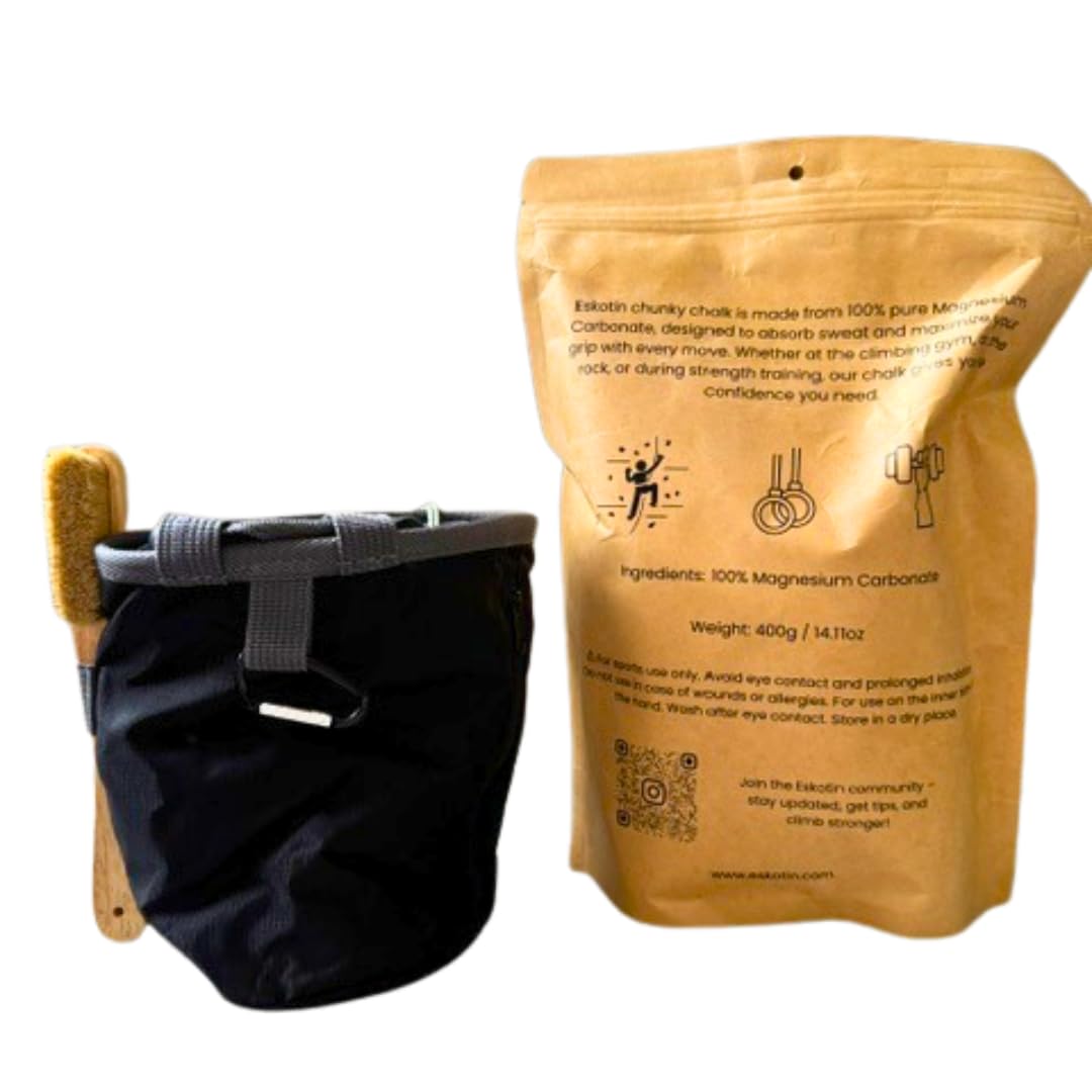 Kit Completo de Escalada Magnesio Chunky 400g + Chalk Bag + Cepillo – Regalo Escalada, Boulder, Halterofilia y Calistenia - Pack Escalada