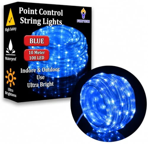 Image of fizzytech Rice Fairy String Lights, 10 Meter Copper Wire Point Control Lights with 8 Flash Modes for Diwali, Christmas, Wedding, Window, Garden & Home Decoration - Blue, 100 LED