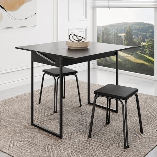 Conjunto Mesa Dobrável com 2 Banquetas Preto Carraro