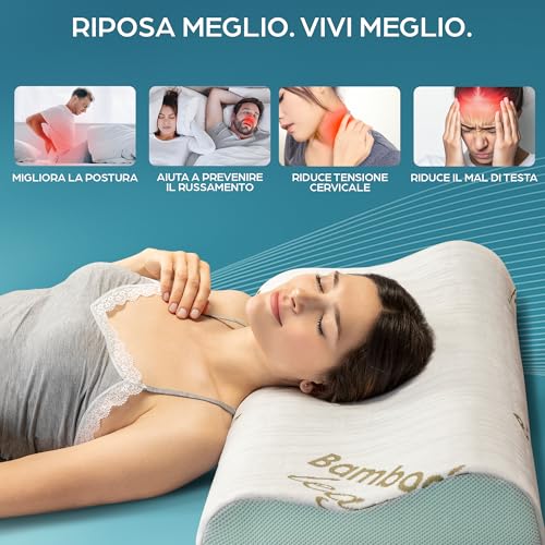 Quarta immagine Flowen Cuscino Cervicale Memory Foam per Dormire Ortopedico Aloe Vera Guanciale a Doppia Onda Ideale per Supporto al Collo Ergonomico Traspirante Antirussamento Anallergico Federa Bamboo Lavabile