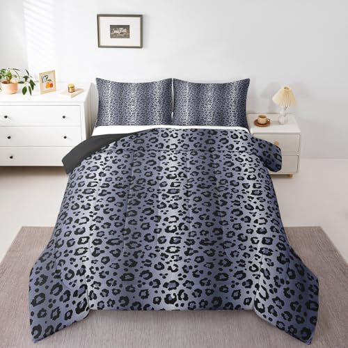 Image of Feelyou Kids Blue Grey Black Bedding Set Toddler Size Leopard Stripes Comforter Leopard Print Comforter Set for Teens Toddler Cheetah Fur Print Duvet Set Microfiber Bed Set