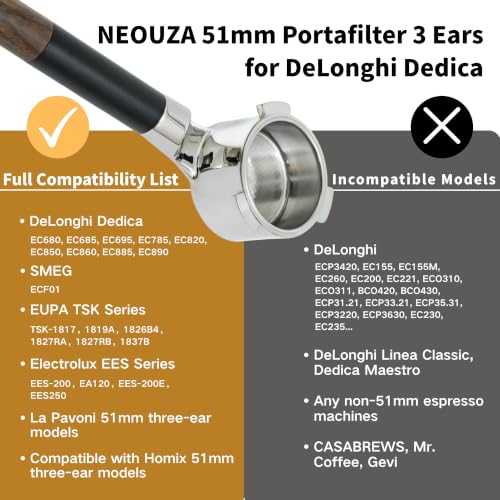Image of NEOUZA Coffee 51mm Bottomless Portafilter Compatible with DeLonghi Dedica EC680 /EC685 /EC785 /EC820 /EC850 /EC860 SMEG Coffee Machine, Stainless Steel,Rosewood.Free with Basket, Spoon, tamper mat | Complete Set, Visible Extraction, 18g Non-Pressurized Basket, 304 Stainless Steel, Solid Wood Handle, Home Barista