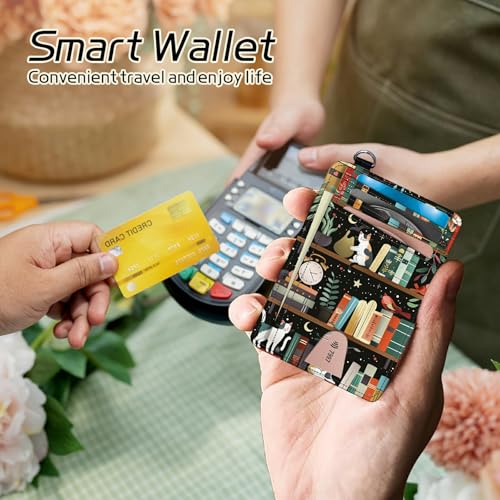 Image of Small Travel Wallets, Cats Library Slim Minimalist Front Pocket Wallet with Wristlet, RFID Blocking PU Leather Credit Card Holder with ID Window Change Purse for Men Women