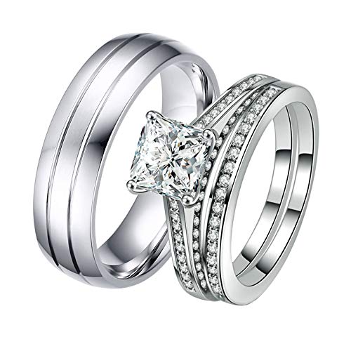 Aokarry Couple Ring Bridal Set His Hers Wedding Rings Set Stainless Steel Grooves Bands White Gold Plated Square Cubic Zirconia Rings Assembling Women Size 8 & Men Size 10