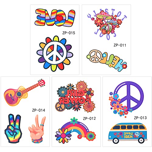 Qpout 20Pcs Hippie Temporary Tattoos For Kids Trendy Hippie Flower Tattoo Sticker Love And Peace Sign Face Tattoos For Hippie Birthday Party Favor Decorations Supplies #TOP1